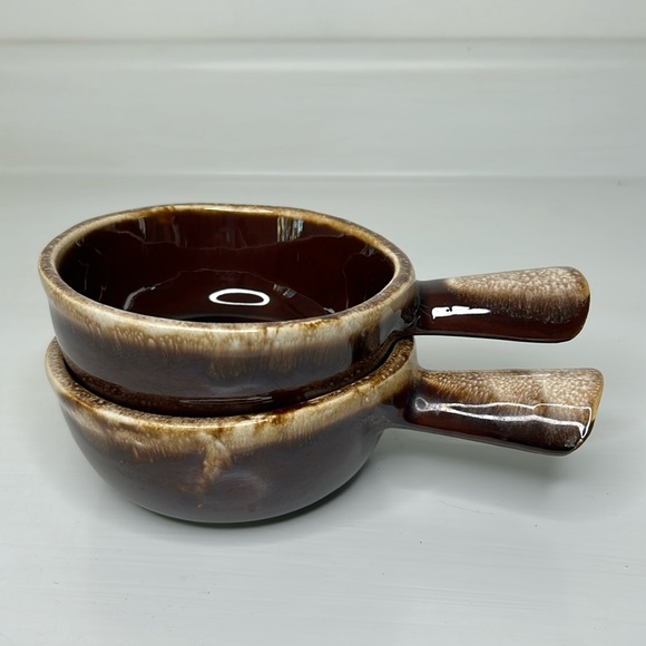 McCoy 7050 🍜 Vintage Ceramic Art Brown Drip Glaze French Onion Soup Crock Bowls - Picture 1 of 15
